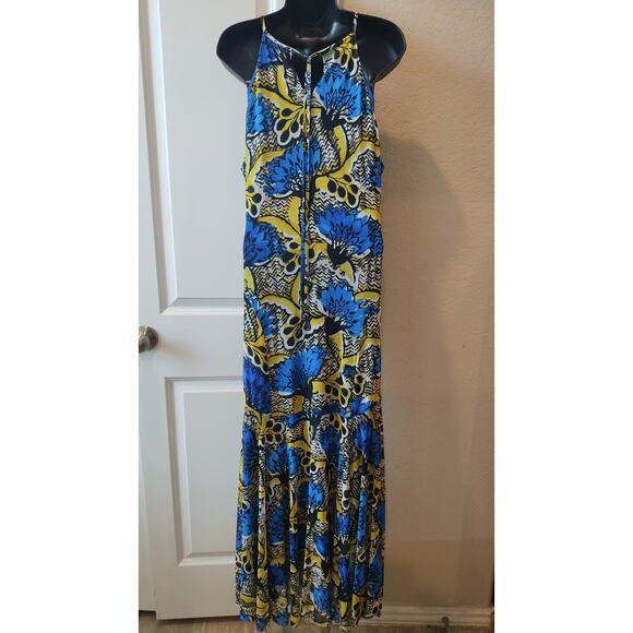 Nine West Blue Bright Surf/Sunflower Abstract Halter Stretch Maxi Dress Sz14-$98 - Picture 4 of 14